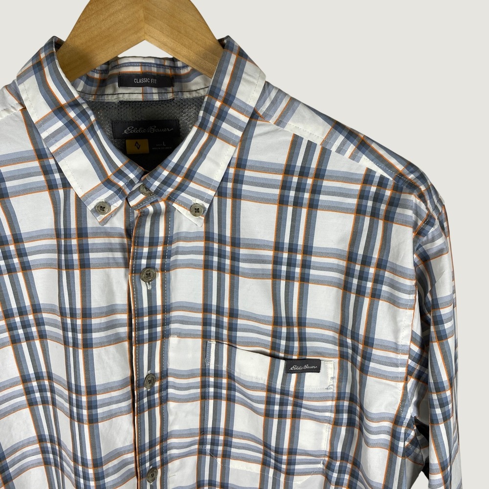 Eddie Bauer Travex Shirt Mens L Blue Orange Plaid Excellent Long Sleeve ButtonUp